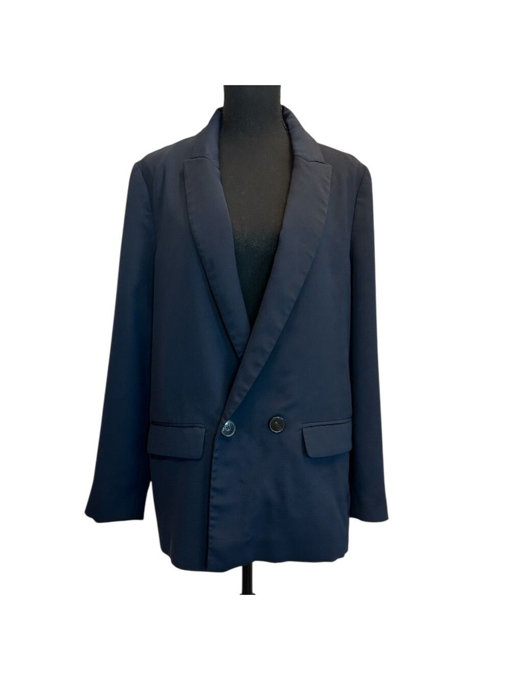 Zara women’s dark navy blue double breasted oversized blazer jacket Sz M
